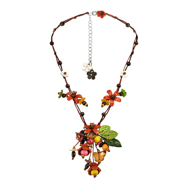 AeraVida Cascading White Lily Flowers Mother of Pearl and Bead Floral Statement Necklace 